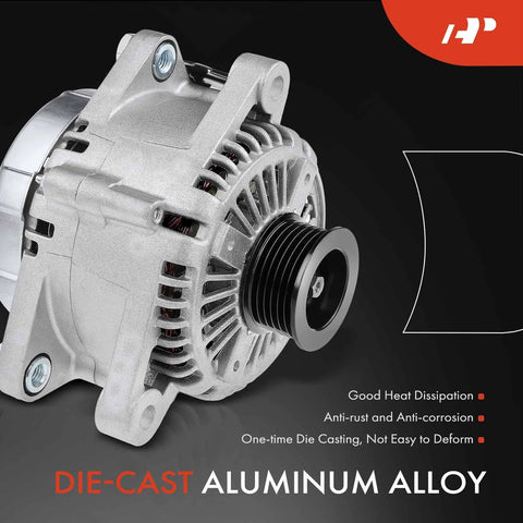 Alternator For Hyundai And Kia Vehicles 2006 To 2012 V6 3.3L 3.8L 12V 130A CW With 6 Groove Pulley Plug And Play Fits Sonata Santa Fe Sorento Sedona Azera Entourage Veracruz Borrego showing die-cast aluminum alloy construction
