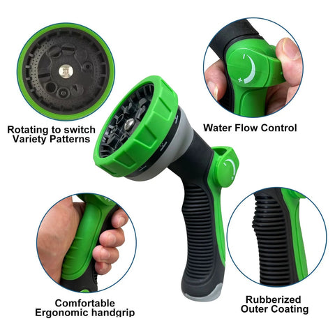 HIGH QUA Non-Expanding Garden Hose with jet nozzle, green/black, ergonomic grip, adjustable spray patterns, Amazon