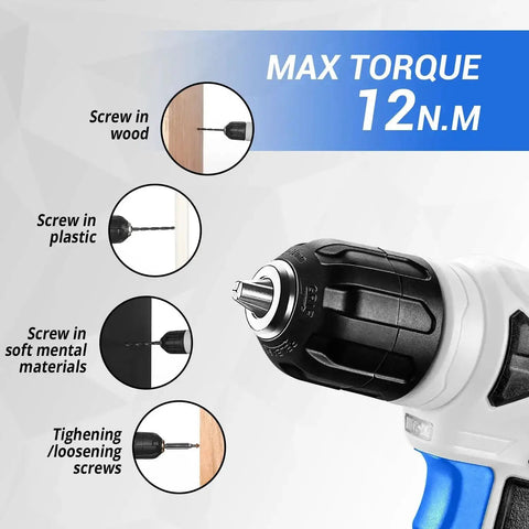 8V Cordless Drill Kit With LED Light, 126 Piece Home DIY Tool Set For Women, close-up of drill showing max torque 12Nm and uses
