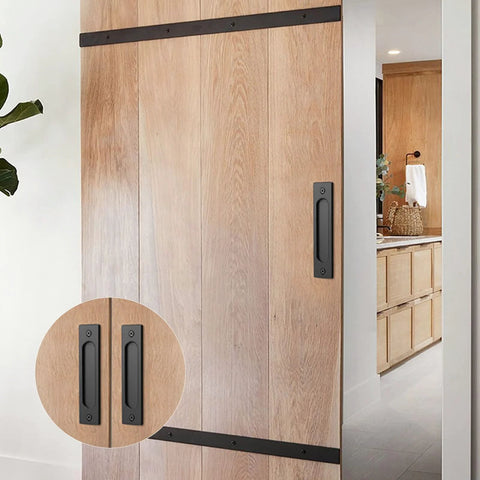 Installed 2 Pack 7 Inch Sliding Barn Door Handles Matte Black Rectangular Pocket Door Pulls on wooden sliding door