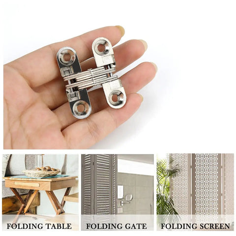 Person holding Hidden Zinc Alloy 180 Degree Concealed Cross Hinges For Furniture Cabinets Small Size Durable Invisible Door Hinge Kit.