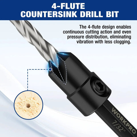 Close-up of WorkPro countersink drill bit from the Five Pack Countersink Drill Bit Set For Wood And Metal With M2 High Speed Steel Pro Grade Four Flute Design Adjustable With Included Hex Key Sizes 4 6 8 10 12 By WorkPro, showing 4-flute design.