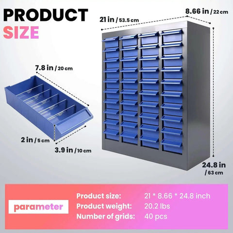 40 Drawer Metal Parts Storage Cabinet With Alloy Steel Frame And Removable ABS Bins For Garage, Workshop Or Office Supplies