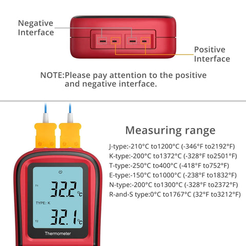 Kamtop dual-channel digital thermometer with two yellow K-type probes and backlit LCD displaying 32.2°C and 32.1°C