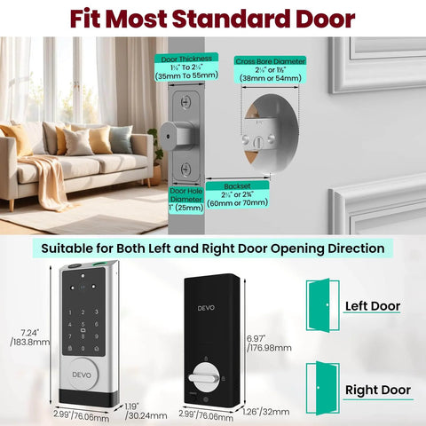 Video Smart Lock With Camera And Doorbell, 6-In-1 Keyless Entry System dimensions guide, suitable for left and right door installation
