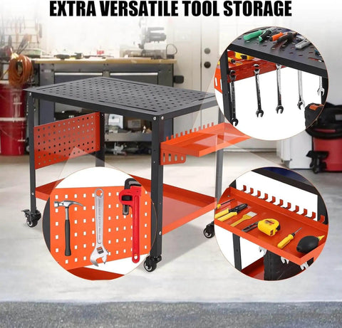36 By 24 Inch Steel Welding Table With Heavy Duty Frame And 1200 Pound Capacity, Portable Rolling Workbench With Tool Tray and Pegboard