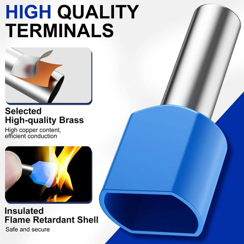Close-up of blue insulated brass barrel connector from the 800 Piece Double Wire Ferrule Kit For Parallel Crimping.