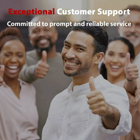 Diverse group of people smiling and giving thumbs up in front of a customer support banner