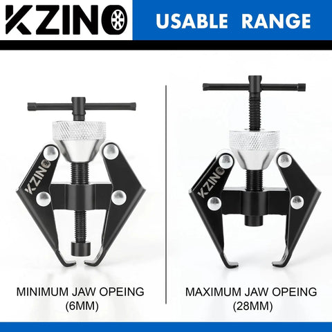 Heavy Duty Windshield Wiper Arm Removal Tool And Bearing Remover Kit In 45 Carbon Steel, showing minimum and maximum jaw opening range