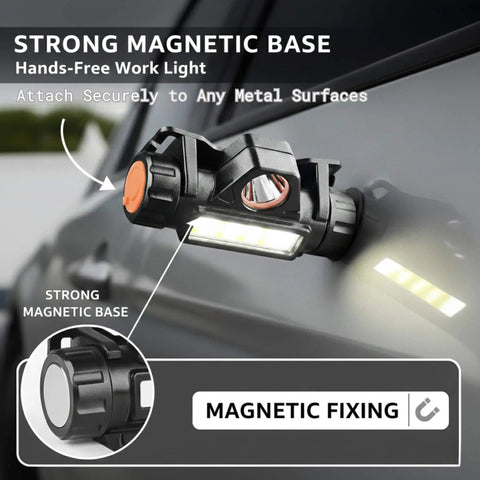 Ultra Lightweight Magnetic LED Work Light And Rechargeable Headlamp for mechanics, attached to car with magnetic base.
