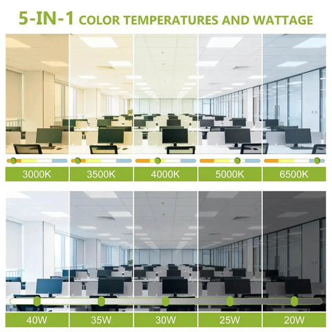 Office lighting with 2 Pack 2x2 LED Flat Panel Ceiling Light Duo, 5200 Lumens, adjustable color temps 3000K-6500K, wattage 20W-40W