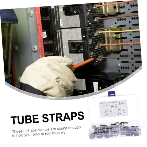 Pro Grade Heavy Duty Stainless Steel U Clamp Pipe Repair Kit 50 Pack shown with gloves near electrical panels
