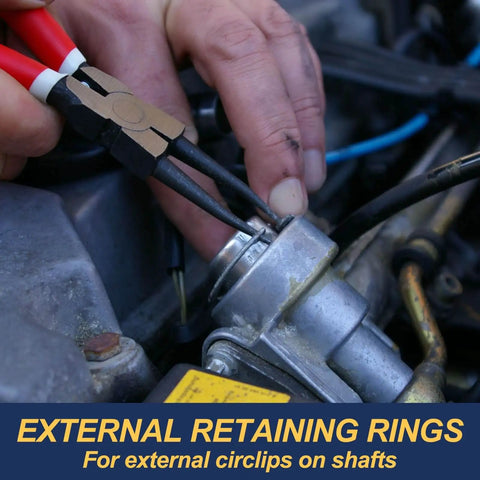Person installing external retaining ring on automotive shaft using pliers