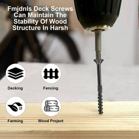 Close-up of power drill installing Deck Screws One And A Half Inch Size Eight Wood Screws 300 PC Set Black Epoxy Coated Anti Rust.