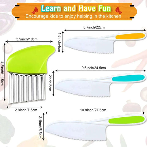 Kids Kitchen Knife Set With Crinkle Cutter Four Pack Kid Friendly Plastic Toddler Knives Serrated Edges Safe For Real Cooking