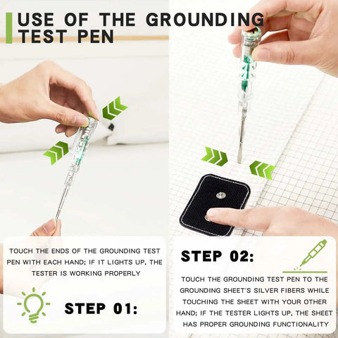 Use of grounding test pen with king size grounding sheets with fifteen percent silver fiber for earth-connected bedding setup.
