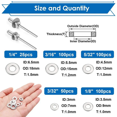 Diagram and quantities of Silver Pop Rivet Washer Assortment Kit 375 Pcs In Five Sizes 3/32 1/8 5/32 3/16 1/4 Inch For Rivets