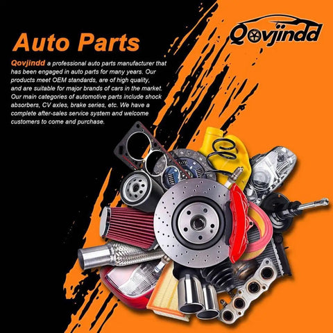 Variety of auto parts including brake rotors, air filters, pistons on an orange backdrop with brand logo and text descriptions.