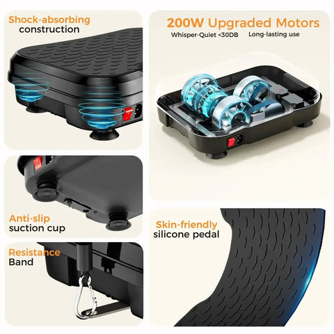 Vibration Plate Exercise Machine For Lymphatic Drainage And Weight Loss showing 200W motors, shock-absorbing design, and resistance band attachment