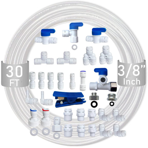 Push-to-connect RO fittings kit with 30 pieces and 30 ft of 3/8 in tubing, NSF-certified, white fittings with blue levers.