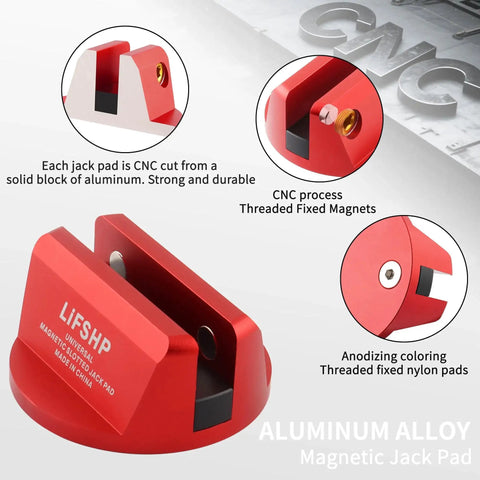 Universal Aluminum Grooved Magnetic Jack Pad With Nylon Pad Insert for cars, SUVs, trucks, sedans; red aluminum body
