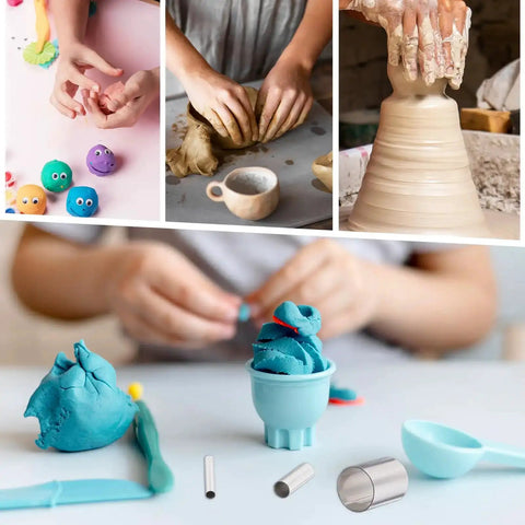 Various clay crafting activities using Twenty Piece Circle Clay Cutter Set With Stainless Steel Ring Molds for ceramic and polymer clay.