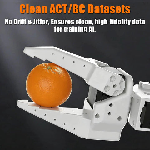 SO ARM robotic arm holding an orange, demonstrating precision control with Six Pack Brushless Servo Upgrade Kit For SO ARM Robotic Arm.