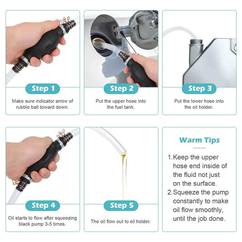 Manual Gas Siphon Pump For Water And Fuel Transfer With Two 15mm PVC Hoses, step-by-step usage guide visible