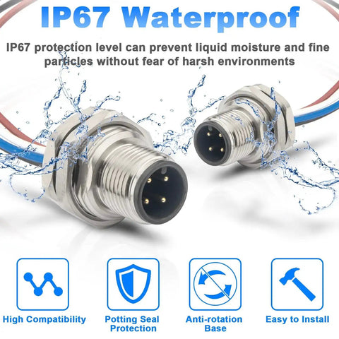 M12 4 Pin A Code Male Connector Cable 0.7 Ft Panel Mount Extension Cable Outdoor IP67 Waterproof Bulkhead Connector
