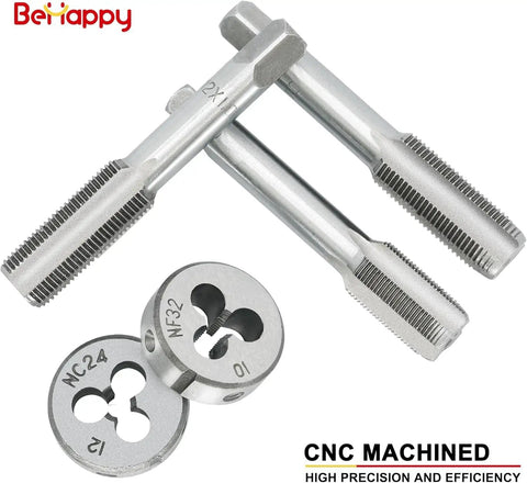 Close-up of taps and dies from 40 Piece Tap And Die Set With Metric M3 To M12 And SAE Sizes Pro Grade All In One Threading Kit.