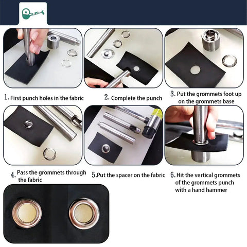 Instructions showing use of 2mm Plated Copper Grommet Kit With Mini Eyelets And Plastic Storage Box For Shoelaces Belts.