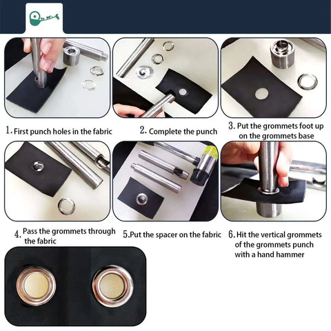Step-by-step guide using All In One Mini Grommet Kit For Do It Yourself Projects 800 Multi Color Eyelets for fabric installation.