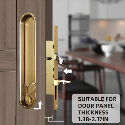 Pocket Door Lock Hardware Set With Privacy Handle, Hidden Pull And Recessed Latch, Easy Install For 1.77 To 2 Inch Thick Wooden Doors, Circular Gold Finish