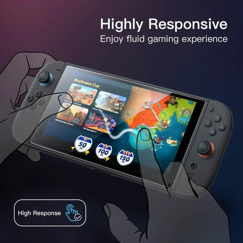 Nintendo Switch 2 2025 Screen Protector 9H Tempered Glass No Fuss Easy Install Tool on handheld console while gaming