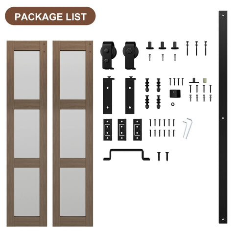 Bifold Glass Barn Door Kit 36 Inch With Hardware Included, Dope Three-Panel Glass Slab, Solid Wood Core, installation kit