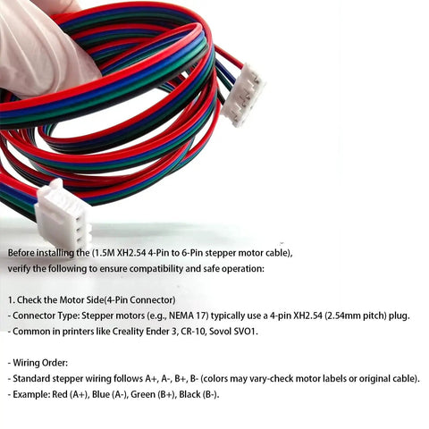 Close-up of Three Pack 1.5M Stepper Motor Cables XH2.54 4Pin to 6Pin with Dupont XH to PH connectors for 3D printers