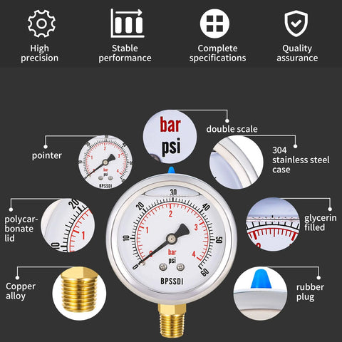 BPSSDI glycerin-filled low-pressure gauge, 2.5 in dial, 1/4 in NPT lower mount, 304 stainless steel case