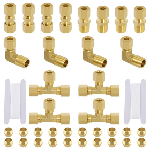 Brass compression fittings kit, 38 pcs, 1/4" OD fittings incl. tees, elbows, straight couplings, 1/4" NPT adapters, sleeves