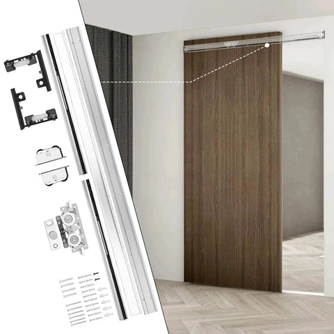 36 To 48 Inch Hidden Sliding Barn Door Hardware And Track With Floating Wall Mount Soft Close Quiet And Smooth Operation Easy To Install For Doors Up To 48 Inches Concealed Track For A Clean Modern Look And Durable Steel Hardware installed with wooden door