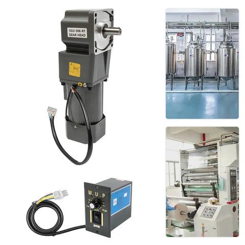 Beefy 110V 120W Electric Gear Motor With Speed Controller 30K, shown with industrial machinery applications and control unit.