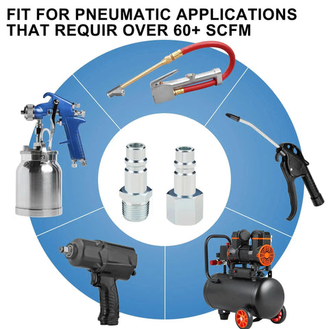 Beefy High Flow Half Inch Air Hose Fittings Set With Four Male IM Industrial NPT Plugs And One Female Air Plug in use with tools