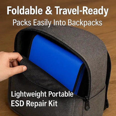 A Portable Anti Static ESD Mat Kit For PC Building And Electronics Repair being placed into a backpack, showing its foldable and compact design.