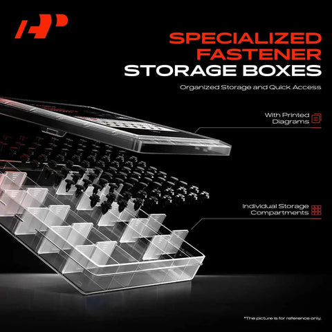 Specialized fastener storage box with printed diagram for organized storage and quick access to various compartments