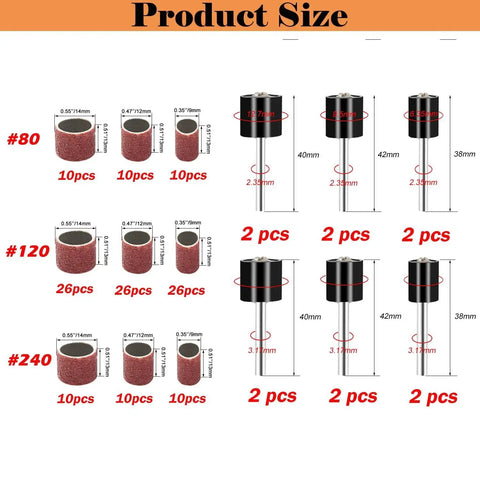 Complete Sanding Drum Set For Dremel Rotary Tools With Aluminum Oxide Sleeves showing sanding bands and shank drums sizes.