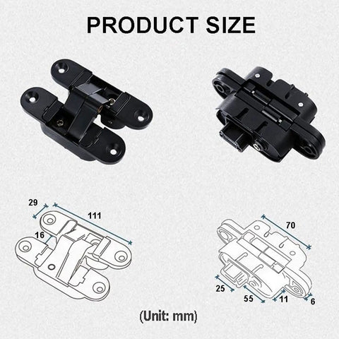 Three Dimensional Invisible Door Hinges For Wooden Doors With 180 Degree Inside And Outside Opening, Hidden Concealed Hinge In Black Zinc Alloy, Anti Rust Durable Construction For Right Hand Open Ronsss, shown with dimensions in millimeters.
