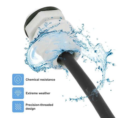 Close-up of PG7 cable gland with water splash, illustrating IP68 waterproof feature and chemical resistance.