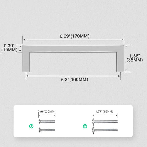 Diagram of Six And One Quarter Inch Brushed Nickel Stainless Steel Cabinet Pulls 20 Pack with dimensions and screws