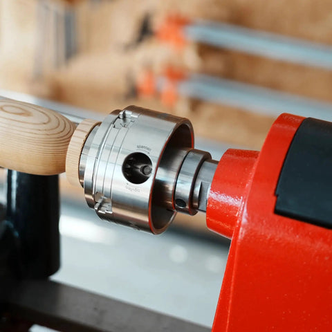 Woodturning Lathe Thread Adapter 1x8TPI Female To One And A Quarter Inch Eight TPI Male installed on headstock spindle