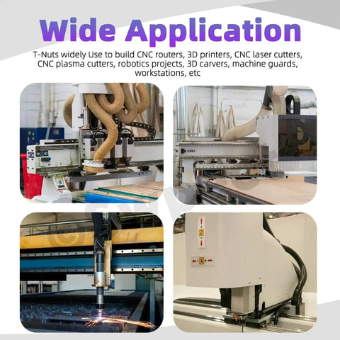 Wide application of Heavy Duty 4040 Series T Slot Nuts Kit in CNC routers, 3D printers, robotics, showcasing various machinery setups.