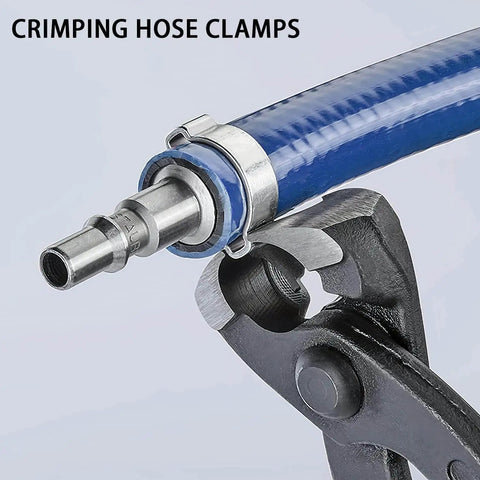 10 Inch Ear Clamp Pliers With Chrome Vanadium Steel Crimper Tool showing clamping a hose with ergonomic lever for strong grip